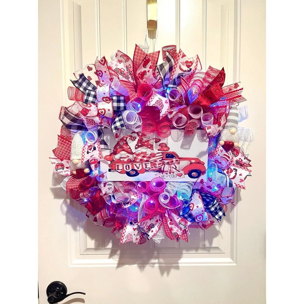 Handmade Valentine’s Gnome LOVE Truck Ribbon Prelit Wreath 22 ins LED W14